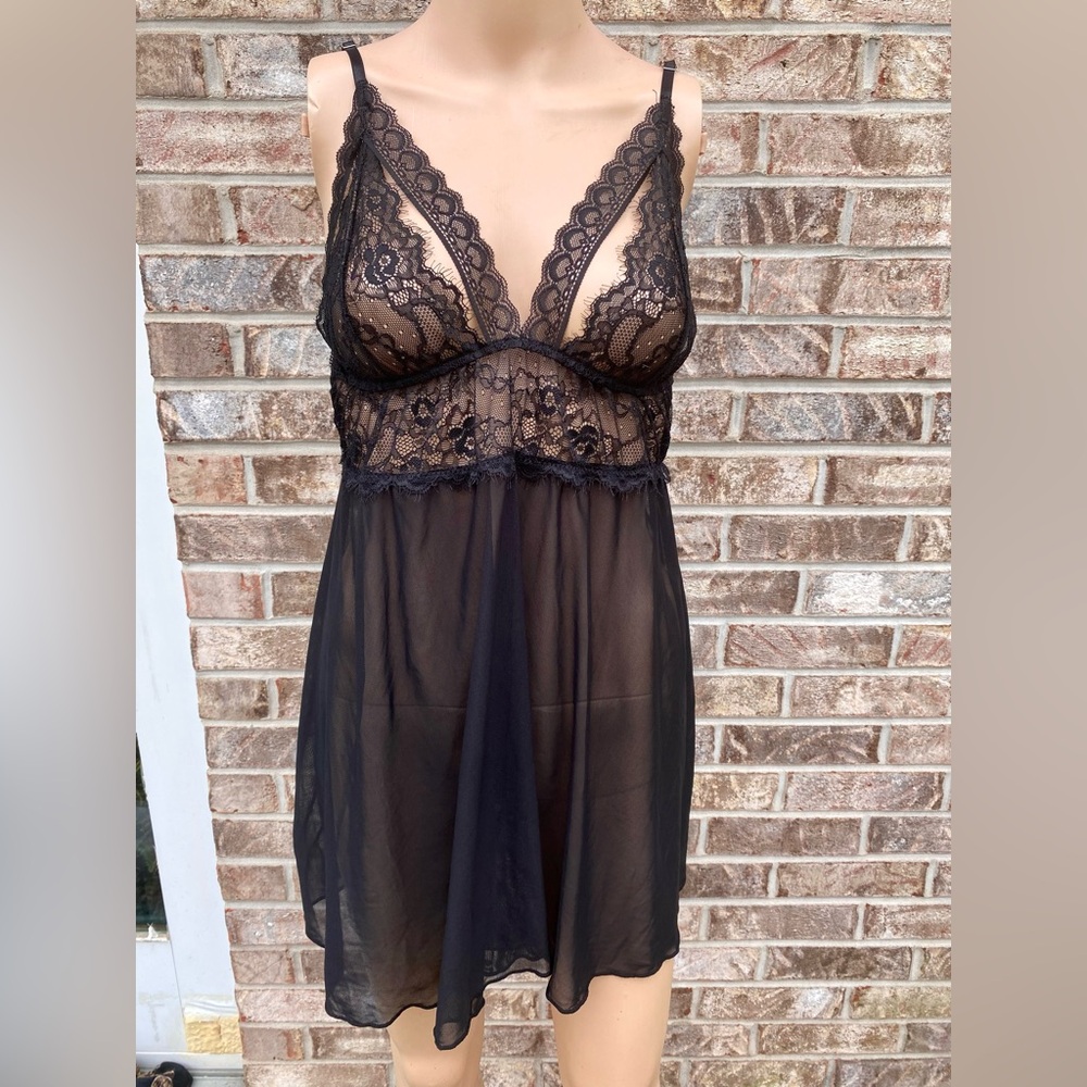 Black Lace Chemise with Sheer Skirt